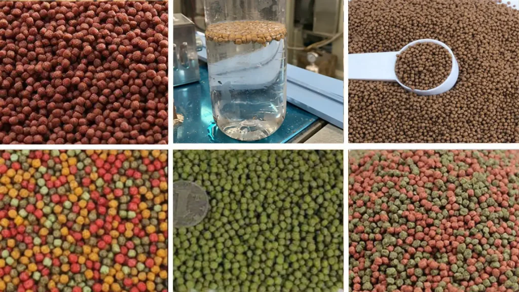 Perfectly puffed floating fish feed pellets with uniform size and smooth surface produced by an extruder machine.