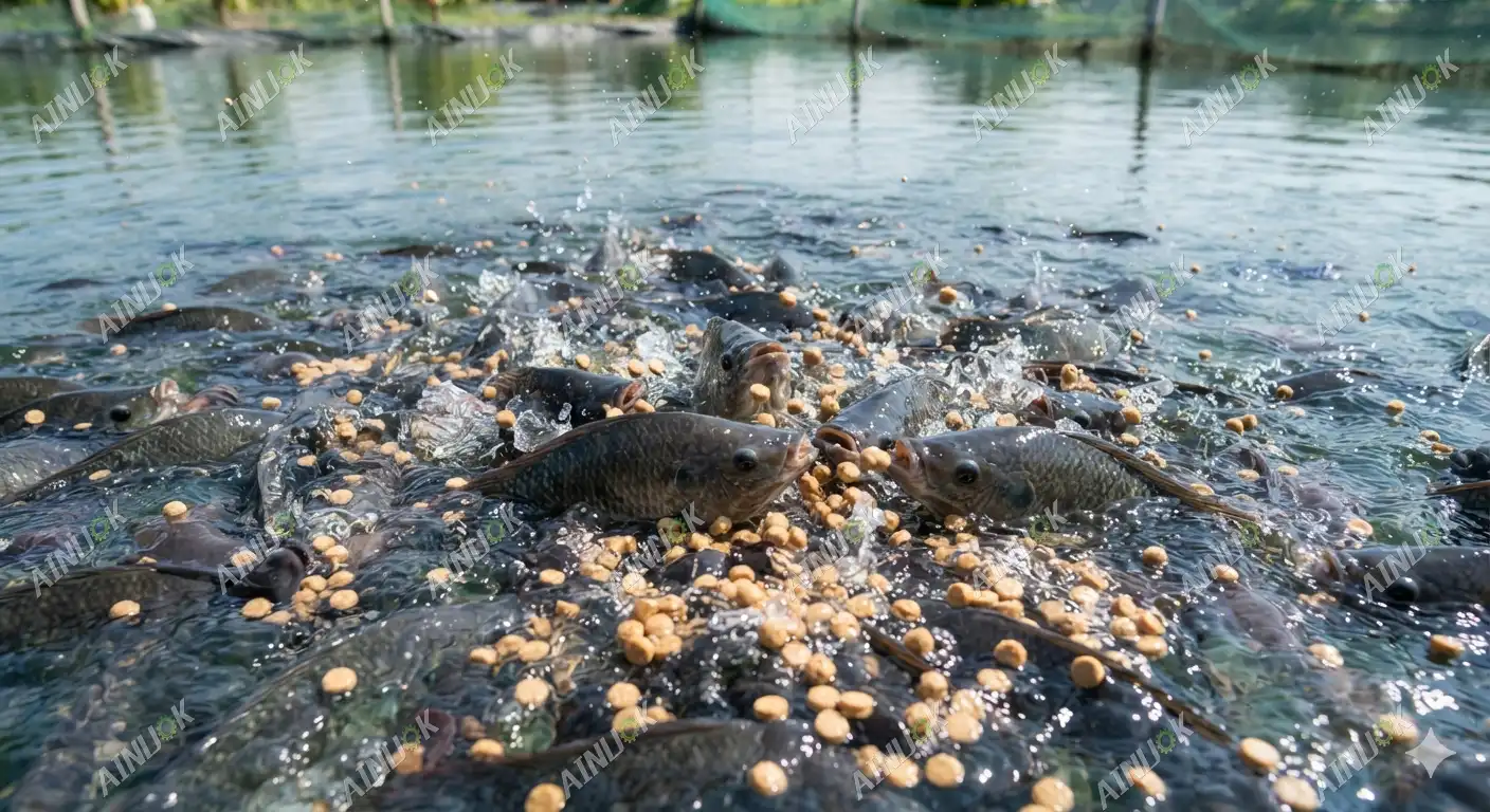 A swarm of tilapia and catfish feeding on high-buoyancy floating fish feed pellets on clear water surface.