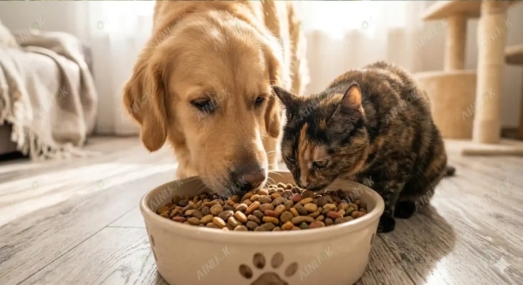 A healthy golden retriever dog and a cat eating nutritious dry pet food kibbles from a ceramic bowl.