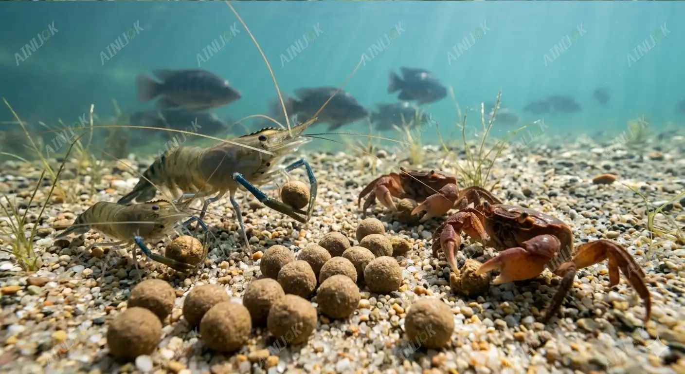 Underwater close-up of shrimp and crabs eating high-density sinking feed pellets on the sandy pond bottom.